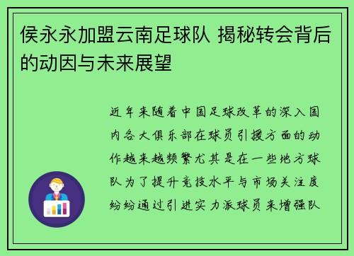 侯永永加盟云南足球队 揭秘转会背后的动因与未来展望