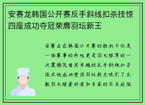 安赛龙韩国公开赛反手斜线扣杀技惊四座成功夺冠荣膺羽坛新王